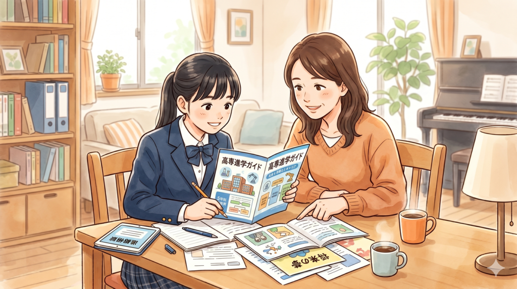 将来の進路を考える中学生と保護者のイラスト