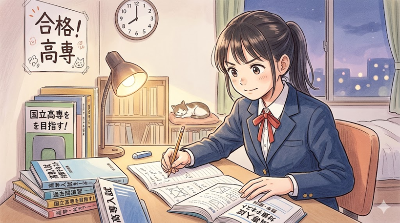 高専入試に向けて勉強する中学生のイラスト