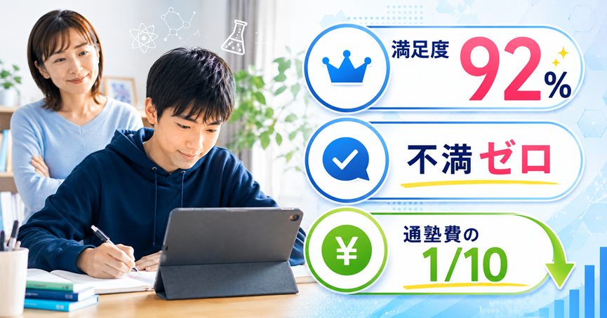 タブレットで勉強する中学生と、満足度92%・不満ゼロ・通塾の10分の1という3つの数字を示すイラスト