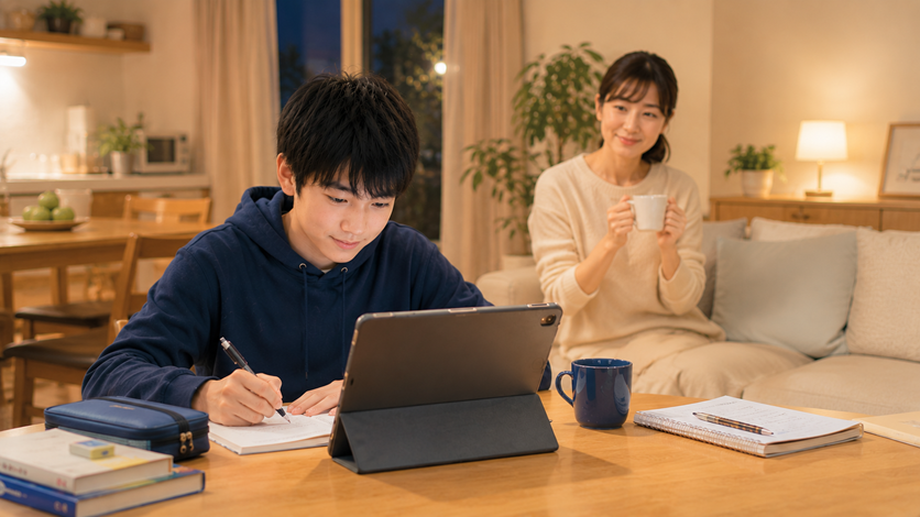 自宅のリビングで動画教材を使って学習する中学生と保護者のイラスト