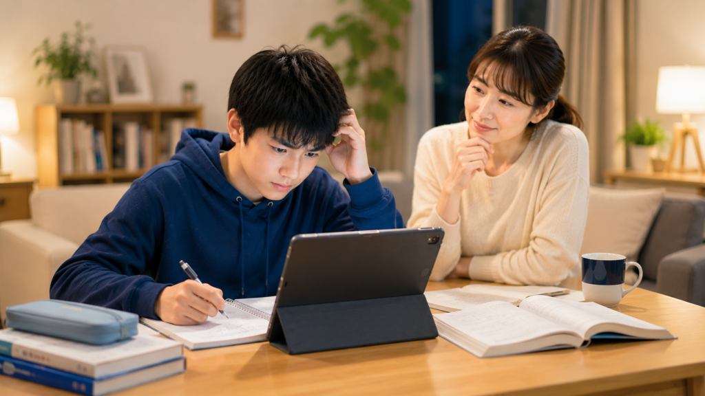問題が分からず悩む中学生と、横でサポートする保護者のイラスト