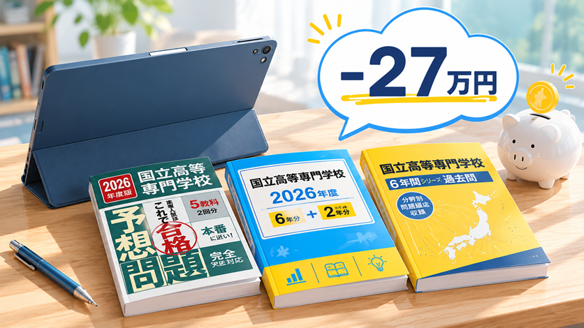 スタディサプリと高専過去問3冊を並べ、年間約27万円の差額を示すイラスト