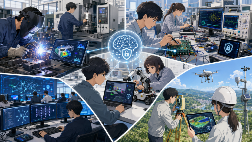 木更津高専5学科とAI・セキュリティ新コースの学びイメージ