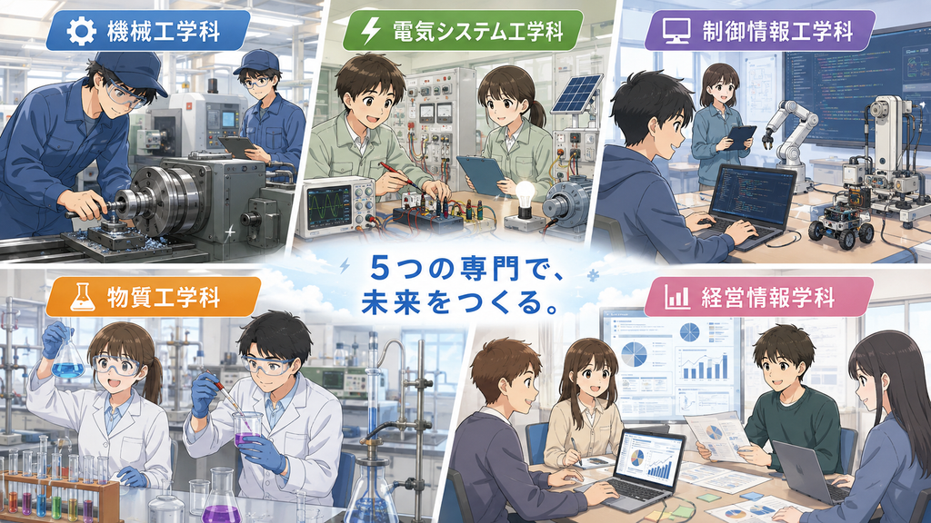 宇部高専の実験・実習で学ぶ学生のイメージイラスト