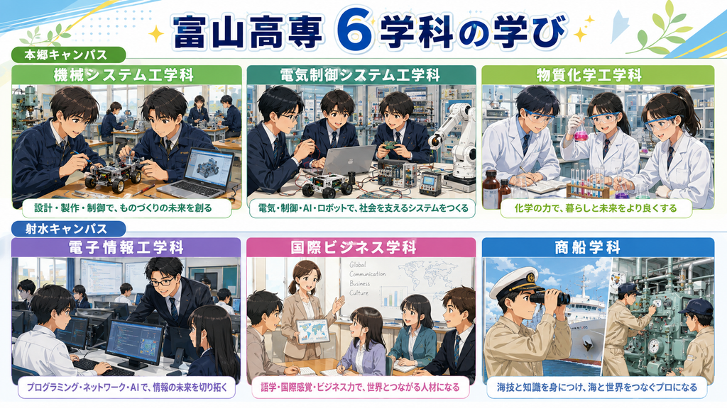 富山高専の6学科で学ぶ学生のイメージ