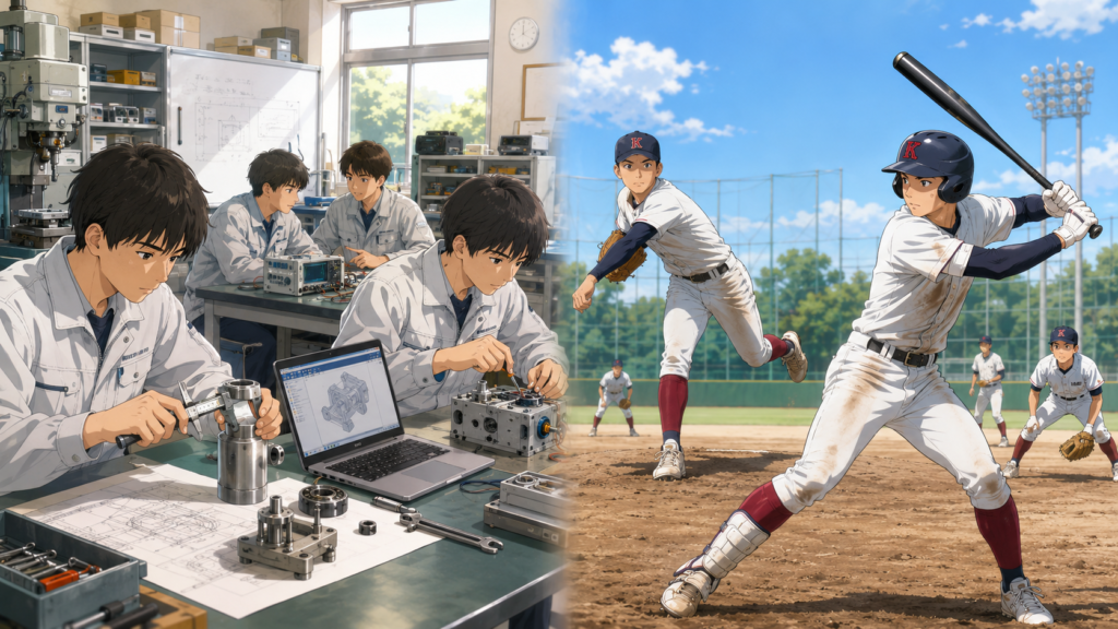 野球とものづくりを両立する近大高専の学生のイメージイラスト