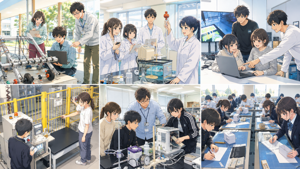 有明高専の実験・実習で学ぶ学生のイメージイラスト
