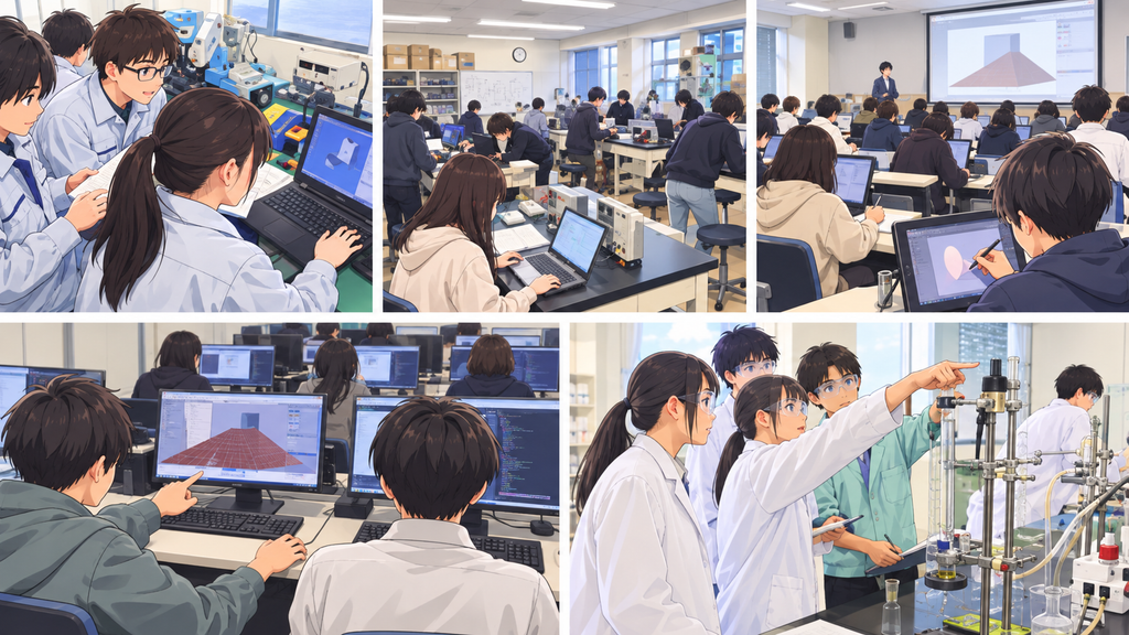 鶴岡高専の4コースで学ぶ実験・実習のイメージイラスト