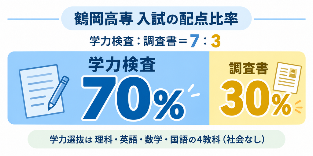 鶴岡高専の学力7:3入試(学力4教科+調査書)の配点イメージ