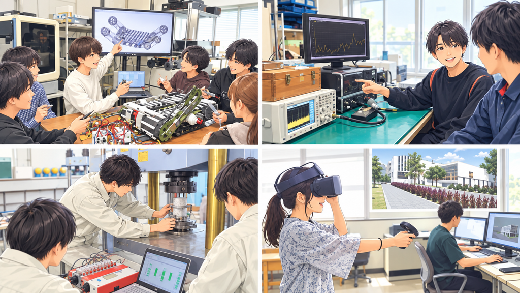呉高専の4学科で学ぶ実験・実習のイメージイラスト