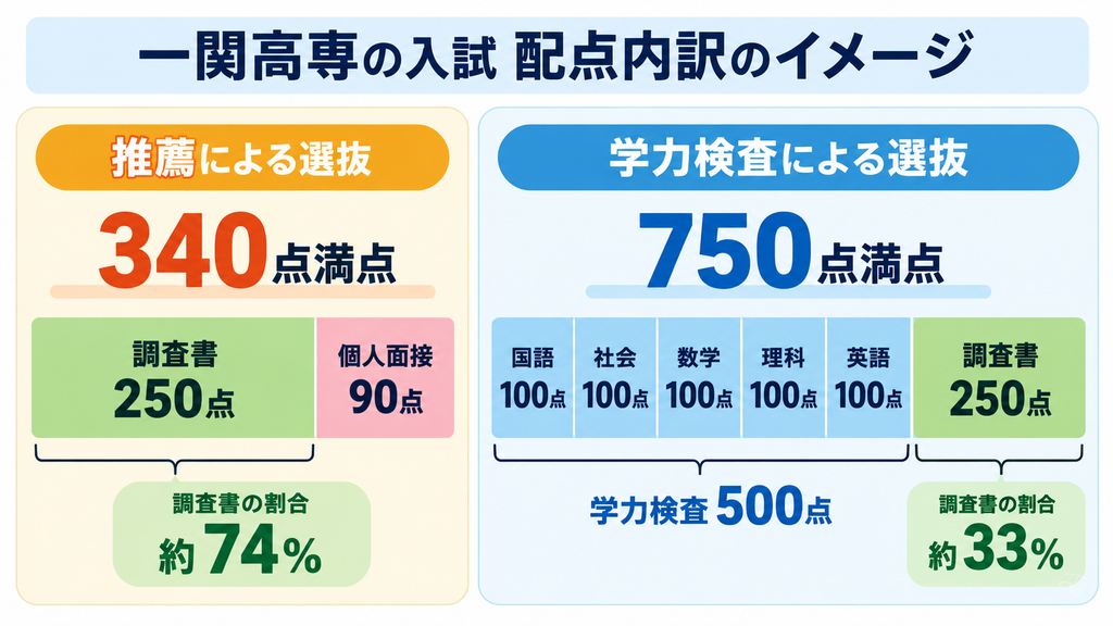一関高専の推薦340点満点と学力750点満点の配点内訳イメージ